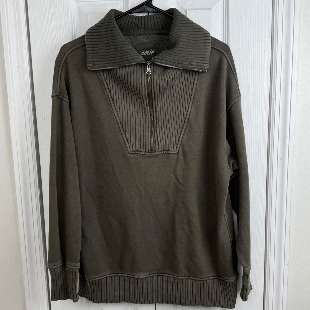 Aerie Womens Khaki Green Quarter Zip Ribbed Collar Sweatshirt Oversized Fit XS